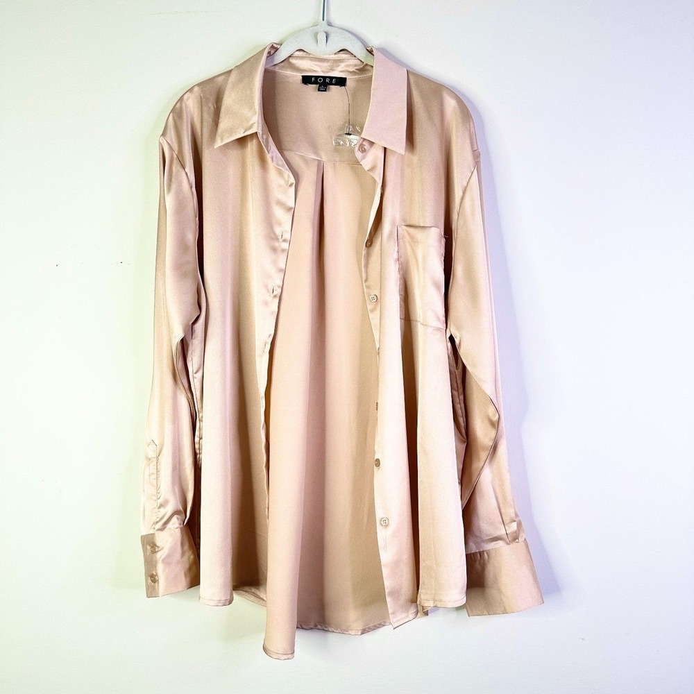 Fore Shirt Women L Champagne Pink Blush Satin Button Down Blouse Long Slv Pocket - Picture 3 of 8